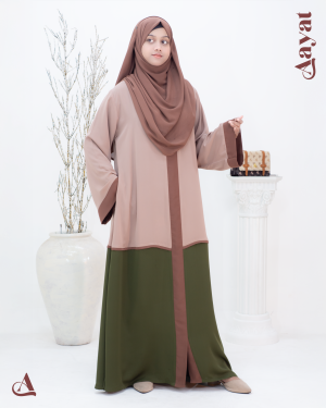 Abaya Rizwana – Olive Green & Mocha Brown